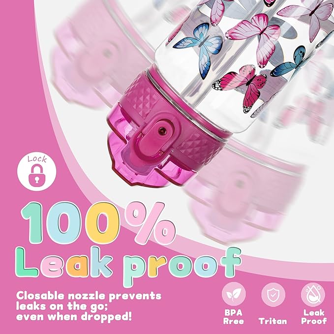 OLDLEY 17oz Kids Water Bottle for school Girls Boys, Water Bottle With Silicone Straw, Leak-Proof Tritan BPA-Free, Reusable water bottles for kids, Colorblock Butterflies