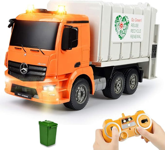 DOUBLE E Benz Licensed Remote Control Garbage Truck Electric Recycling Toy Set with Trash Bin Real Lights Rechargeable Waste Management Trash Truck Toys Gift for Kids