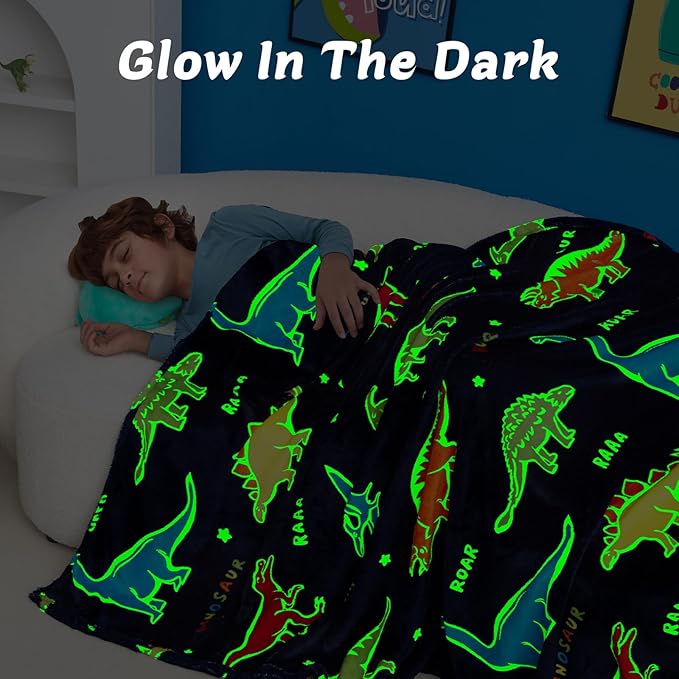 QSTEHEML Dinosaur Glow in The Dark Blanket,Dinosaur Gifts for Boys Age 3 4 5 6 7 8 9 10 11 12 Year Old, Soft Throw Blanket for Kids Boys- Christmas Birthday Bedroom Decor 50"×60"