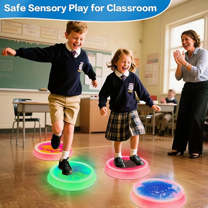 Light Up Liquid Stepping Stones - 4 Non-Slip Stepping Stones, Each with 7 LED Light Colors, Indoor Obstacle Training Balancing Stepping Stone Toys for Kids Ages 3 and Up.