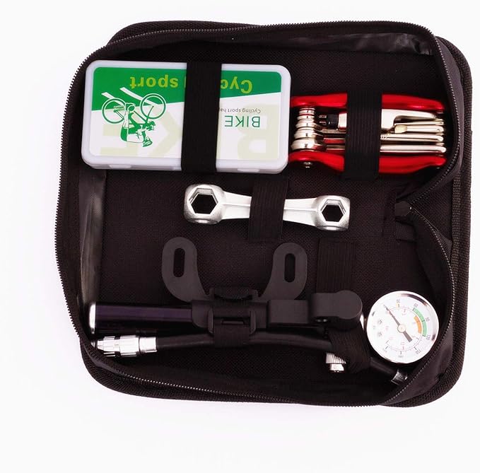 YBEKI Bike Tyre Repair Tool Kit - Bicycle Tool kit with 210 Psi Mini Pump 10-in-1 Multi-Tool with Chain Breaker, Tyre Levers &Tire Patch, Bone Wrench, 1 Portable Bag