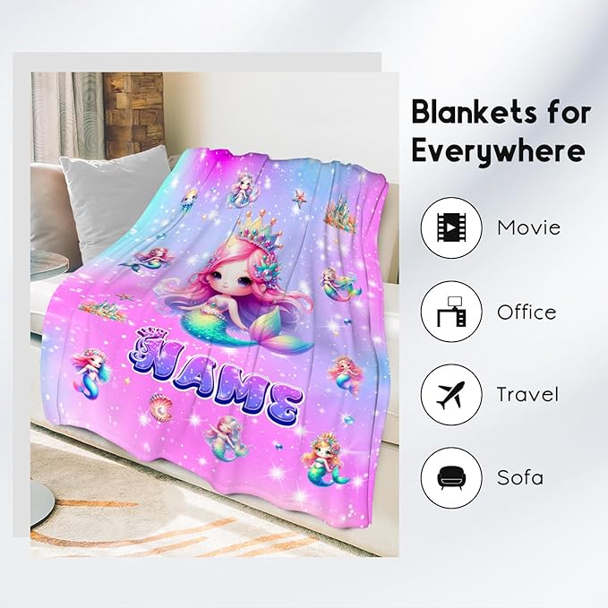 Mermaid Blanket for Girls - Personalized Blankets Gifts for Kids Toddler - Soft Fuzzy Cozy Throws for Sofa, Living Room, 4 Size