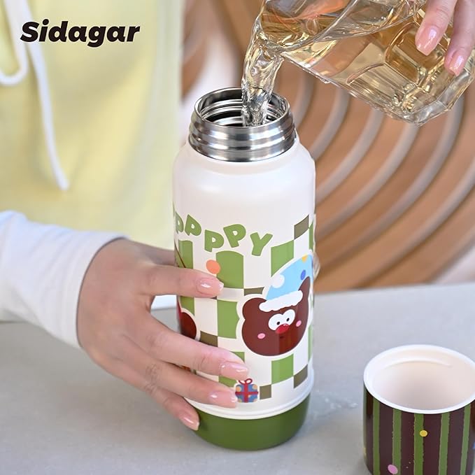 20 oz Cute Tumbler witn Lid and Straw, Insulated Stainless Steel Kids Water Bottle with Strap, Travel Leak Proof Coffee Cup, Bear