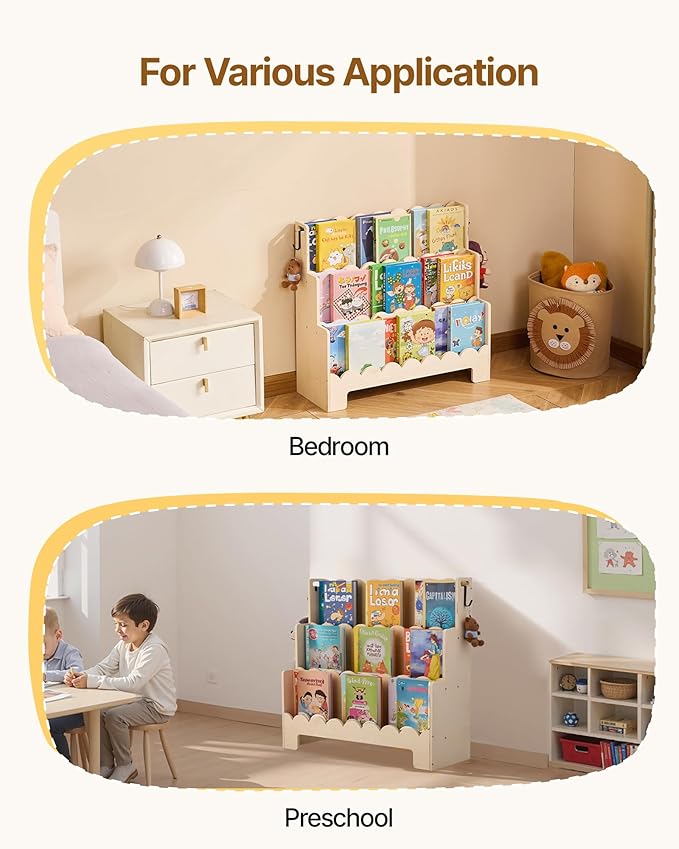 VEVOR 3-Tier Montessori Bookshelf, Scalloped Kids Bookcase, Wooden Book Shelf with 2 Dual Hooks, Daycare Furniture Display Bookshelf for Bedroom, Living Room, Entryway, Nursury, Preschool
