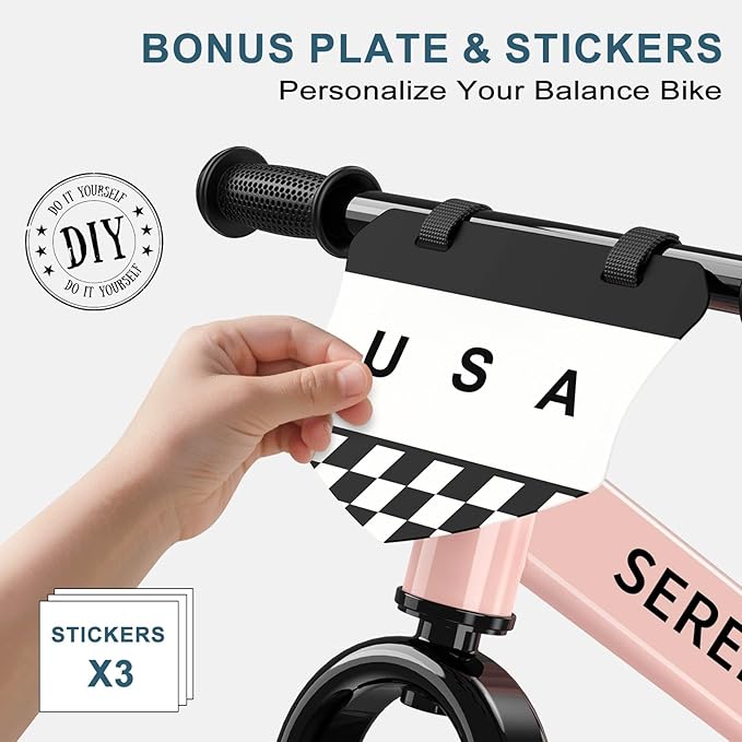 SEREED Toddler Balance Bike 2 Year Old, No Pedal Kids Toy Bike for 2-5 Years Old, Tool-Free Adjustment, Gift for 2-3 Girls, Customize Plate with 3pcs Stickers (Pink)