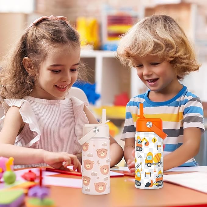 Bear Kids Water Bottle With Straw Lid 12oz Insulated Stainless Steel, Travel Tumbler, Bear Gifts For Boys Girls, Birthday, Christmas, Back To School