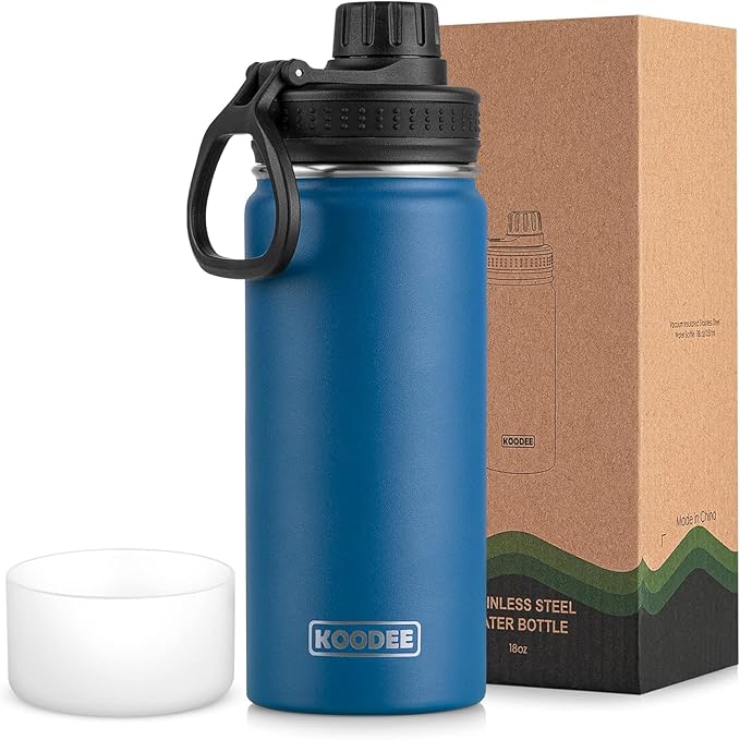 koodee Insulated Water Bottle, 18 oz Stainless Steel Double Wall Vacuum Wide Mouth Sport Bottle with Leakproof Spout Lid (Navy)