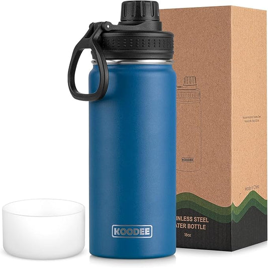 koodee Insulated Water Bottle, 18 oz Stainless Steel Double Wall Vacuum Wide Mouth Sport Bottle with Leakproof Spout Lid (Navy)