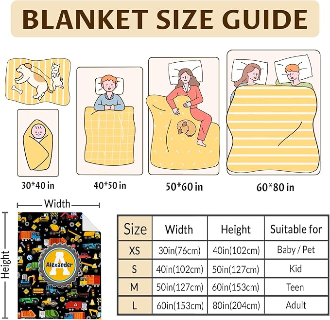 Custom Kids Blanket for Boys 6-8, Truck Gifts for Son Personalized Name 4 Sizes Initial Construction Themed Stuff Throw Soft Plush Cool Accessories Blankets for Sofa Chair Bed Room