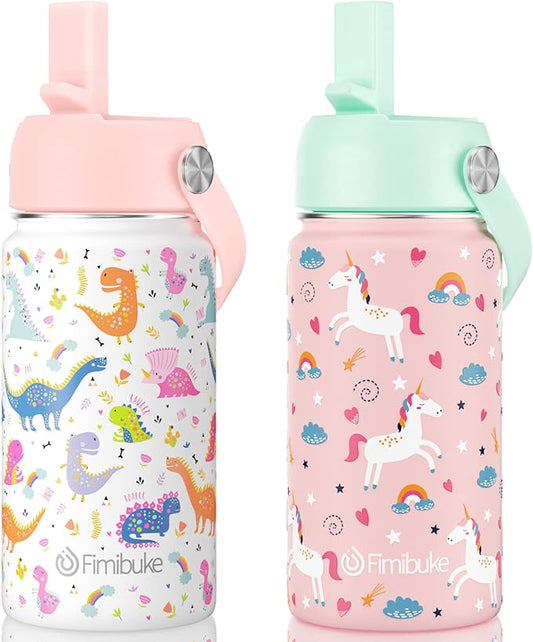 Fimibuke Kids Insulated Water Bottle, 14oz BPA FREE Double Wall Vacuum Tumbler 18/8 Stainless Steel Leak Proof Kids Cups with Straw Metal Bottle for School Boy Girl (2 Pack, UNICORN/WHITE DINOSAUR)
