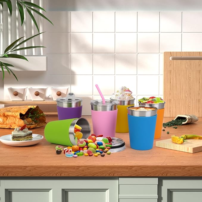 Stainless Steel Cups for Kids, 12oz Kids Cups with Straws and Lids Leak Proof, Unbreakable Toddler Cups with Silicone Sleeves for Hot or Cold Drinks, 6 Count