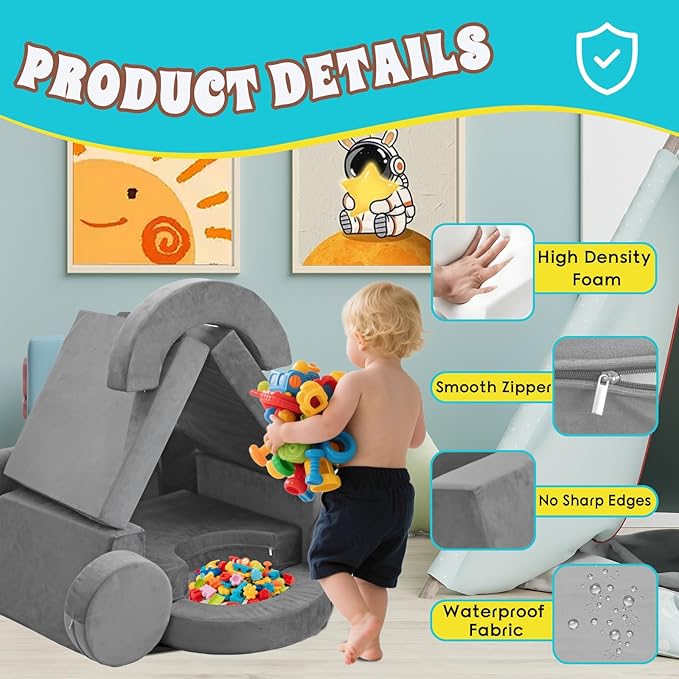 13Pcs Modular Kids Play Couch Toddler Couch Kids Sofa Playroom Furniture Convertible Foam and Floor Cushion Highly Elastic Foam for Boys and Girls (Light Gray)