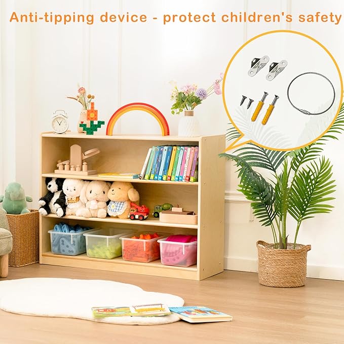 Kids Bookshelf and Toy Storage Shelf, Wooden Montessori Bookshelf, 3-Tier Toy Shelf, 30in Birch Children Bookcase, Classroom Furniture, Book Shelf for Kids Room, Nursery, Playroom