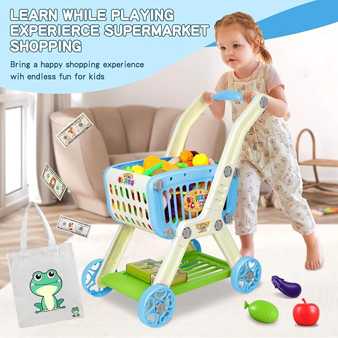 Kids Shopping Cart - 2 in 1 Toy Shopping Cart with Play Food Fruit Vegetable Dessert and Shop Accessories, 72pcs Pretend Play Grocery Store Toy Kitchen Game Trolley Play Set for Kids (Blue)