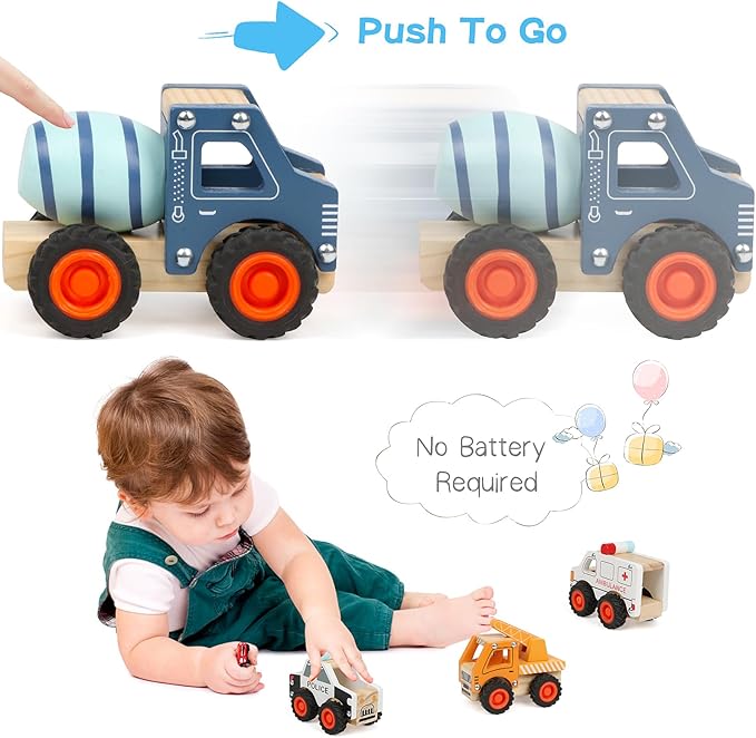 6Pcs Wooden Cars for Toddlers 1-3, Push and Go Vehicles, Kid Toys, Hand Push Cars for 1+ Year Old, Montessori