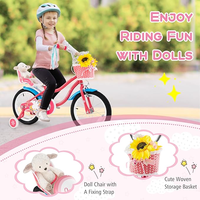 BABY JOY Kids Bike, 12 14 16 18 Inch Children Bicycle w/Detachable Training Wheels, Storage Basket, Adjustable Seat & Handlebar, Bow or Streamer, Girls Bike for 3-8 Years Old