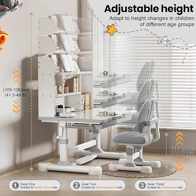 Kids Desk and Chair Set, Height Adjustable Study Table with Bookshelf & Storage Drawer, 0-50° Tiltable Desktop, Ergonomic Study Desk for Boys and Girls Ages 3-12 (Grey)