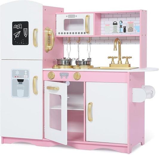 Kinder King Wooden Kids Play Kitchen, Toy Kitchen Playset for Toddler, Pretend Oven, Microwave, Telephone, Chalkboard, Interactive Doors, Knobs, Realistic Kitchen Sets for Boys Girls Age 3+, Gold