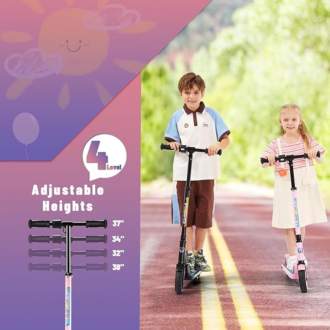 Caroma Electric Scooter for Kids Ages 6-14, 180W/150W Motor & 10 Mph, 85 Mins Ride Time, Adjustable Height & Speed, LED Display & Colorful Lights, Kids Electric Scooter, Best Gifts for Girls and Boy