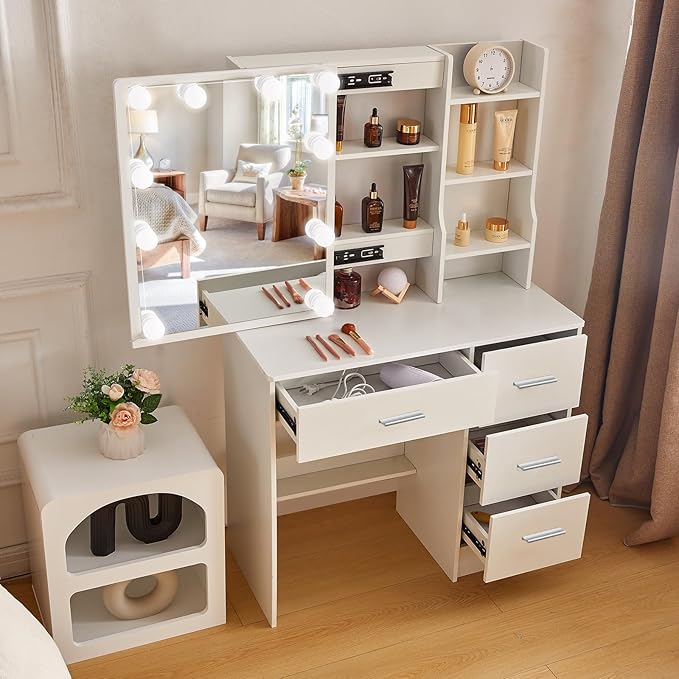 Small Vanity Desk with Sliding Mirror and Lights, White Makeup Vanity Desk with 3-Color Light Adjustable Brightness, 4 Drawers & Open Shelves, Vanity Desk for Bedroom, Girls & Women