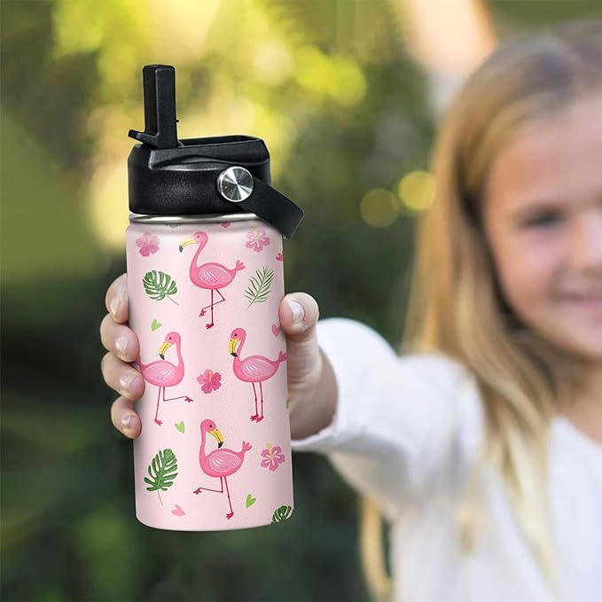 SANDJEST Kids Water Bottle Flamingo Water Bottles 12oz with Straw Insulated Stainless Steel Travel School Tumbler Double Wall Vacuum Cup for Girls Kid