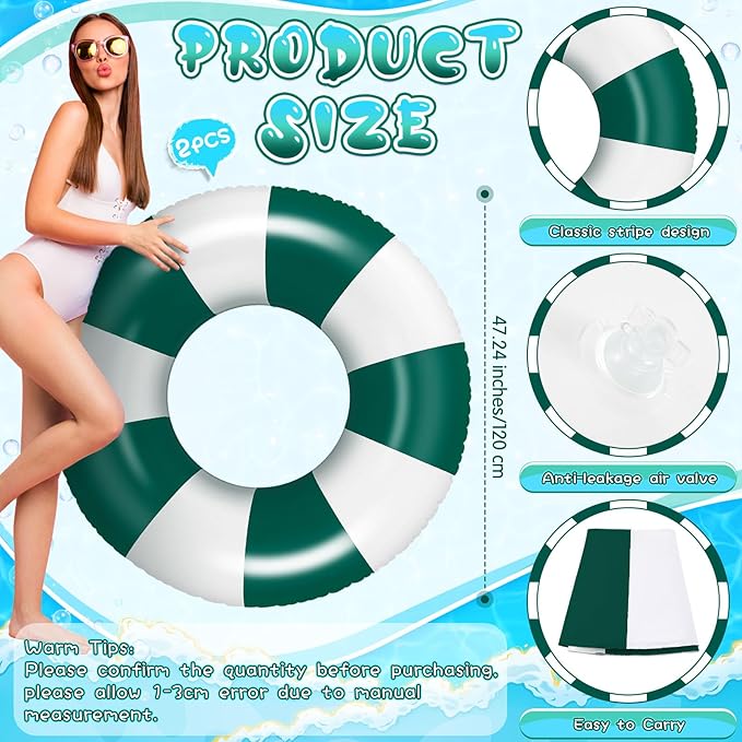 Jumbo Pool Floats 47.24 Inch Large Swimming Ring Dark Green Striped Rings Inflatable Tube for Adult Swimming Pool Summer Beach Bachelorette Wedding Party Decor Supplies