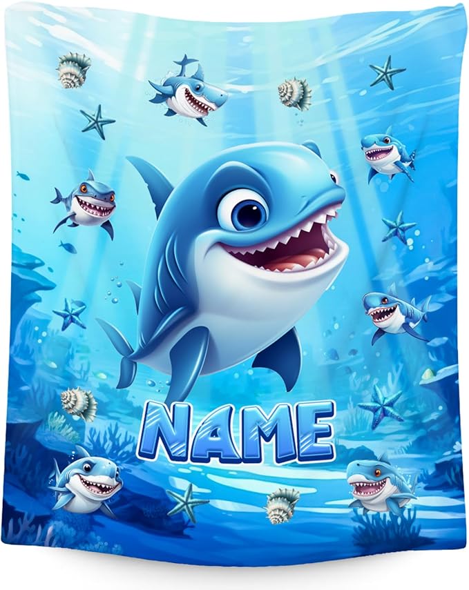 Custom Shark Blanket - Personalized Throw Gifts for Kids Boys - Flannel Cozy Blankets for Living Room, Office, 4 Size