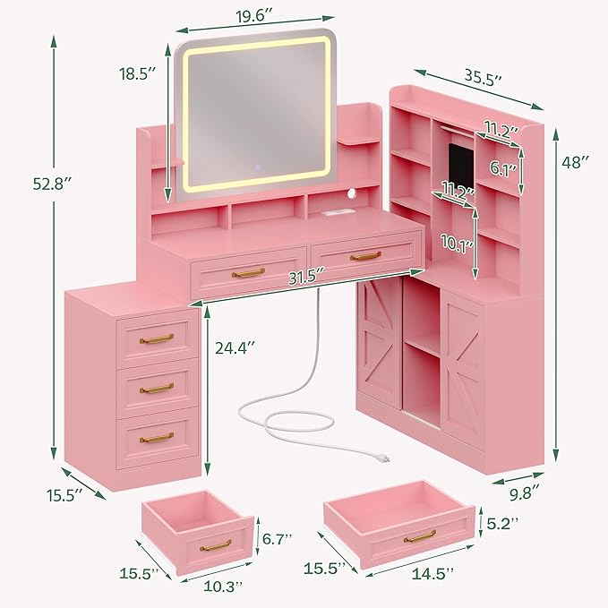 Vanity Desk with Mirror and Lights,Makeup Vanity Table with Lights & 5 Drawers,Makeup Desk with Charging Station & Cabinets Adjustable Width, Modern Dressing Table for Bedroom,Pink