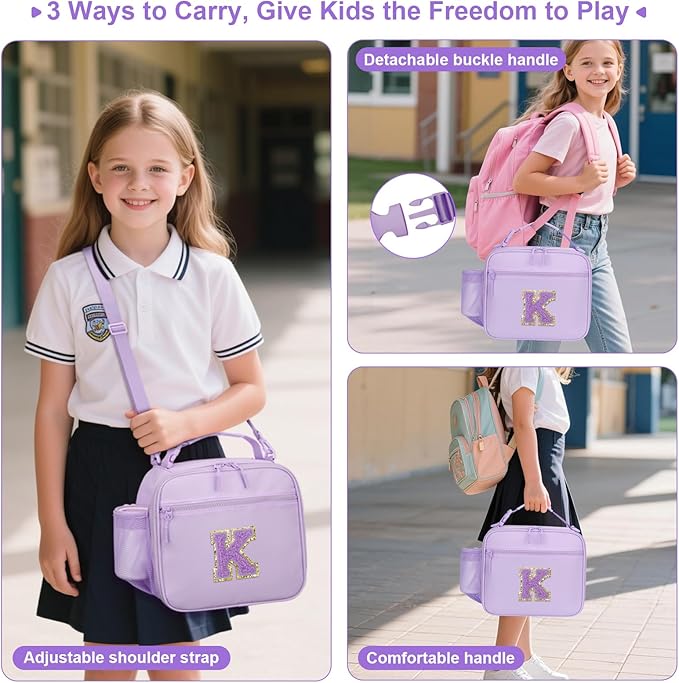 Kids Initial Lunch Bag, Reusable Insulated Lunch Box for Girls Toddlers, Back to School Gift, Leak-proof Cooler Bag for School Daycare Travel Picnic, Purple-K