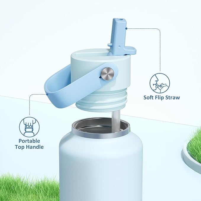 POWCAN 18 oz Insulated Water Bottle: Leakproof, Keep Cold 24H, BPA-Free, Top Handle, Stainless Steel Water Bottle with Straw for Travel, School, Outdoors, Camping, Sport, Gift for Kids (Sea Breeze)