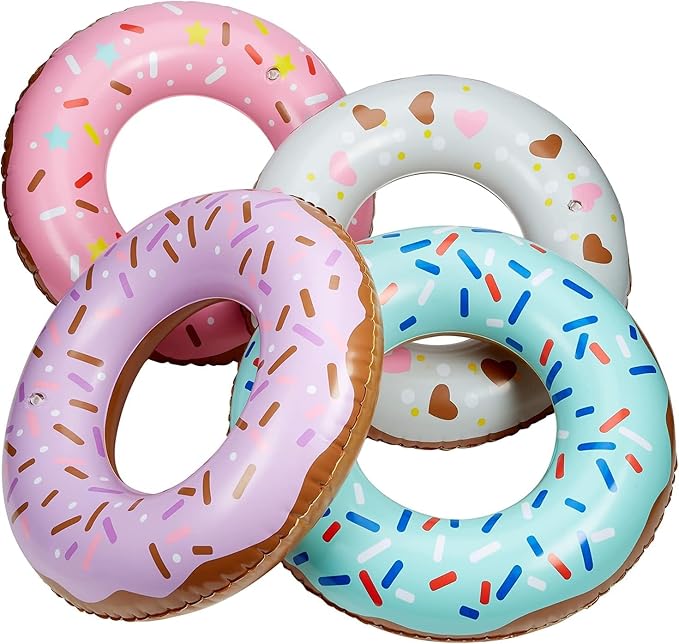 20 Inch Donut Inflatable Pool Floats for Kids – Set of 8 – Colorful Summer Swim Rings with Sprinkles & Chocolate Designs – Fun Water Toys for Swimming Pools, Beach, and Parties Ages 3+