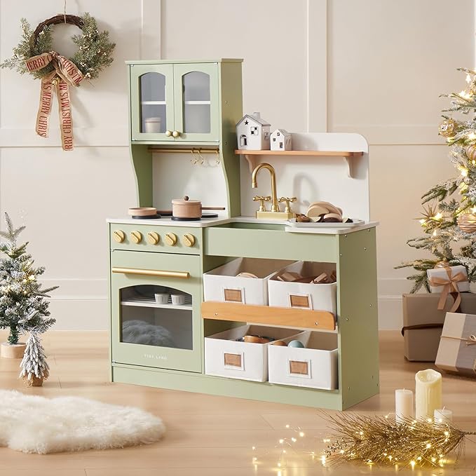 Tiny Land Play Kitchen for Kids, Wooden Toy Kitchen Set with Storage & Accessories, Toddler Kitchen Playset with Stove & Sink, Kids Kitchen Playset Gift for Ages 3-8
