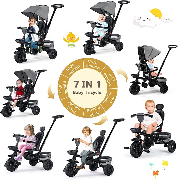 Kinder King Kids Tricycle, 7 in 1 Folding Toddler Trike w/Adjustable Push Handle, Rotatable Seat, Adjustable Canopy, Safety Harness, Storage, Toddler Stroller Bike for Age 6 Months+,Grey