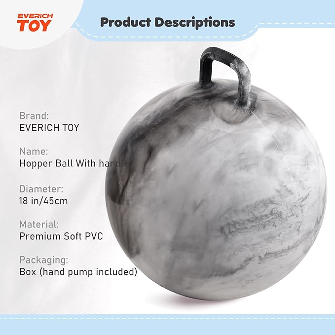 EVERICH TOY Hopper Ball for Kids 4-8, 18In Hoppity Hop Ball, Grey Clouds Sit On Bouncy Balls with Handle, Indoor Outdoor Jumping Hopping Toys for Boys & Girls Gifts with Pump