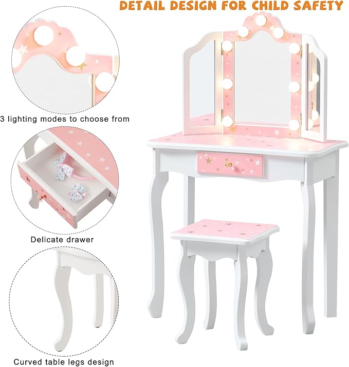 Kids Vanity Set, Princess Toddler Makeup Vanity with Mirror and 3-Color LED Lighted, Wooden Kids Vanity Table and Chair Set with Drawer for Little Girls