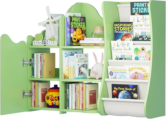 Tree House Kids Bookshelf Toddler Bookcase 4-Tier Baby Book Rack Sling Pocket Cabinet Children Toy Storage Organizer Wood Display Shelf Nursery Playroom Bedroom Classroom Preschool Boy Girl Gift