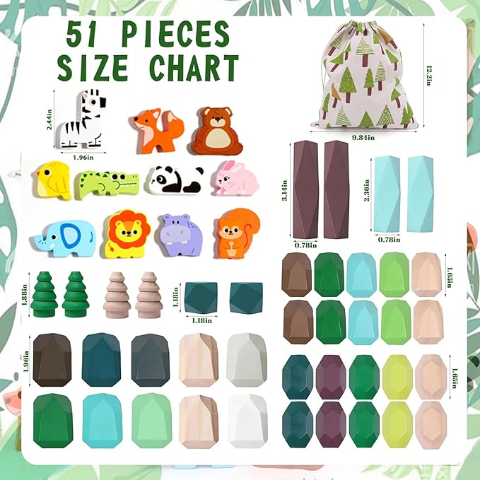Wooden Stacking Rocks Toys Set for Kids Educational Stacking Blocks Building Blocks for Toddlers 1-3 Forest Theme Montessori Toys Creative Stacking Game for Children