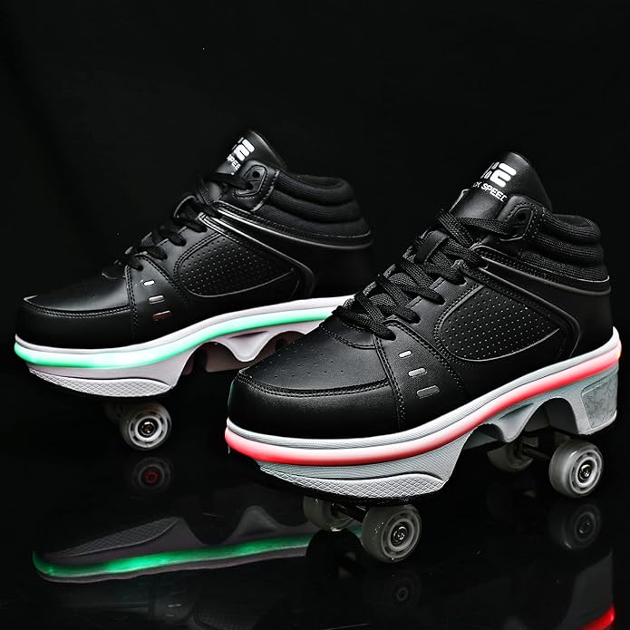 2-in-1 Roller Skates Shoes with Retractable 4 Wheels & Pop-Out Deformation Sneakers Outdoor Sports Skating Shoes for Girls Boys