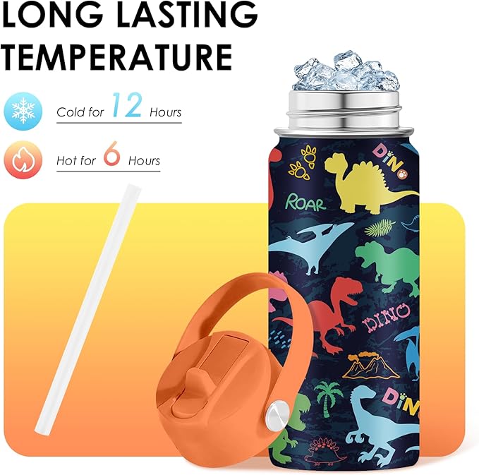 Dinosaur Gifts for Kids - 16oz Colorful Dino Water Bottle with Straw Lid, Stainless Steel Insulated Tumbler, Leakproof, BPA-Free, for Boys & Girls, School, Travel - Dino Lovers Birthday Gift Cup (1pc)