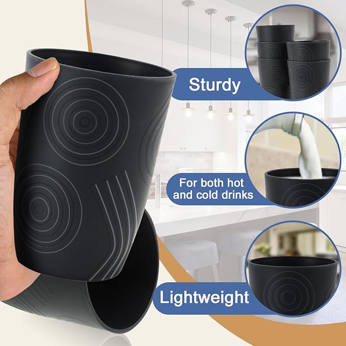 Wheat Straw Cups 6 Pcs 16 OZ Plastic Cup, Unbreakable Drinking Glasses, Lightweight Cup Set for Kitchen, Alternative to Plastic Cups Reusable Dishwasher Safe (Black)