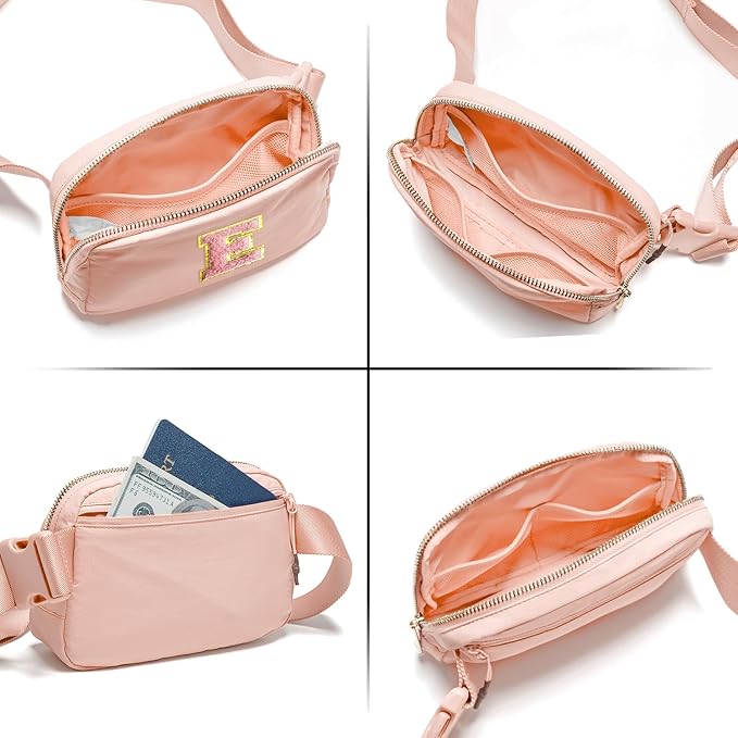 Gitus 6 7 8 9 10 Year Old Girl Gifts Belt Bag Fanny Pack Crossbody Bags with Initial Letter Patch Things for Teen Girls Easter Gifts for Girls Travel Essentials（Coral Pink-E）