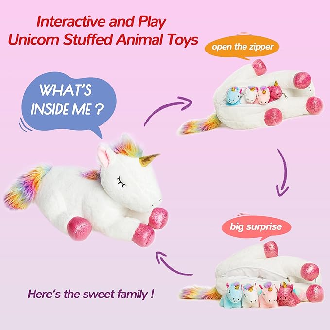 5 Pieces Unicorn Toys Stuffed Animals for Girls, 1 Mommy Unicorn with 4 Babies, Soft Plush Toys Gifts for Girls 3 4 5 6 7 8 9 Years, Kids, Children, Christmas, Birthday, Valentine's