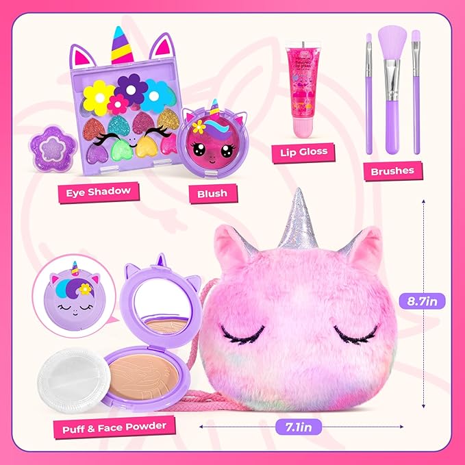 ULOVEME Kids Real Makeup Kit for Girls with Fluffy Purse - Real, Non Toxic, Washable Make Up Toy - Umicorn Toys Gift for 3 4 5 6 7 8 Years Old Girls Birthday