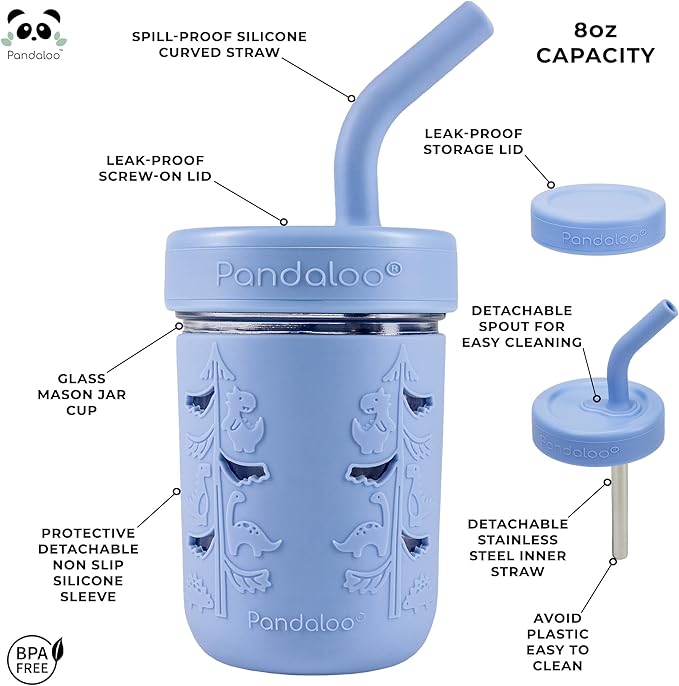 Pandaloo® Mason Jar Toddler Cup - 8 oz Spill-Proof Glass Tumbler with Silicone Straw and Lid, Non-Slip Sleeve, BPA-Free Toddler Snack Cups - Perfect Smoothie Cups with Lids and Straws for Kids