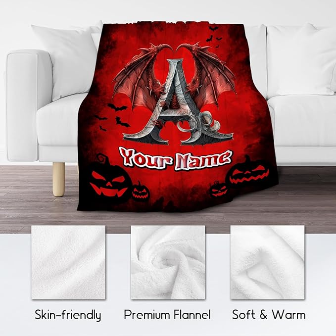 Halloween Throw Blanket - Custom Boys Blanket - Personalized Kids Throw with Name - Halloween Initial Gifts - 30"x40" Warm Fleece Toddler Throws for Couch - Customized Gifts