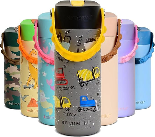Elemental Insulated Kids Water Bottle, Stainless Steel Water Bottle with Straw Lid & Pop-It Handle, Leak-Proof Water Bottles for School, Boys or Girls, Travelling and Sports, 18oz - Construction