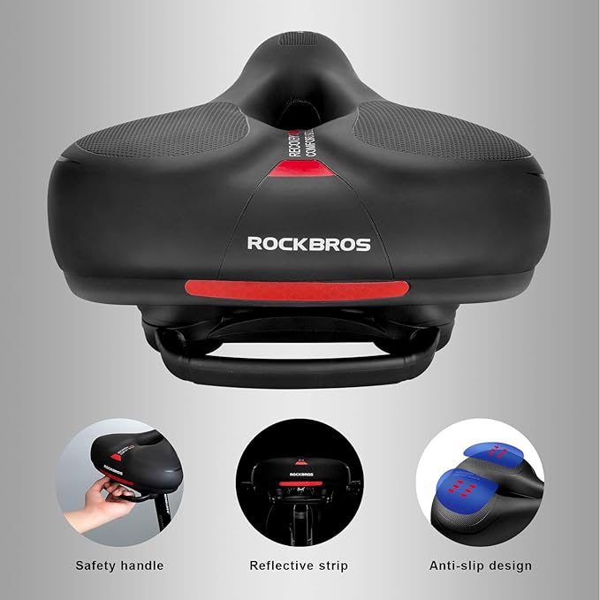 ROCKBROS Bike Seat Cushion for Men Women with Handle & Dual Shock Absorbing Ball Memory Foam - 3 Zone Concept Bike Saddle, Soft Wide Waterproof Mountain Bicycle Accessories