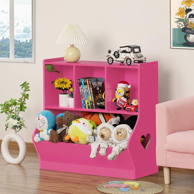 Lerliuo Kids Toy Storage Organizer, Children Small Bookcase and Bookshelf, Toddler 4 Cubby Toy Storage Cabinet, Toy Shelf for Playroom, Bedroom, Living Room, Nursery, School 29.53'' H (Pink)