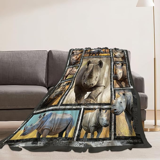 White Rhino Blanket Rhinos Animal Throw Blankets Gifts for Girls Boys Kids Rhino Lover Soft Cozy Fleece Plush for Couch Sofa Bed 50"x40"