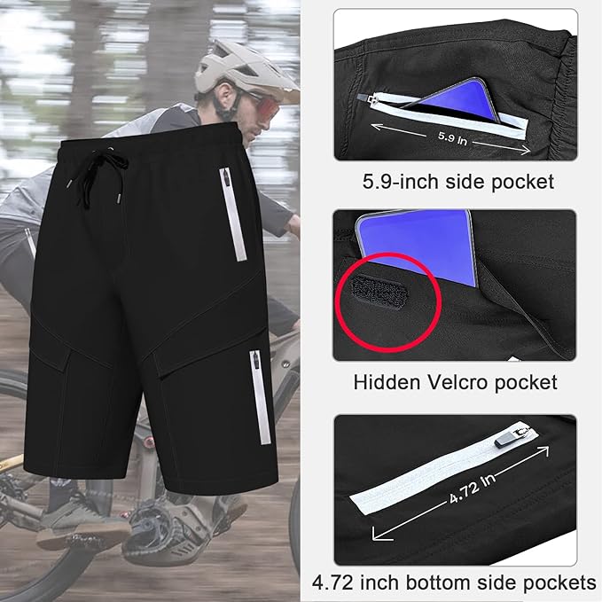 Lo.gas Mountain Bike Shorts for Men,3D Padded Loose-fit Cycling Biking Bicycle Shorts Mens with Underwear Zipper Pockets